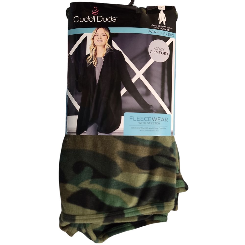 Cuddl Duds Fleece Camo Print Long Sleeve Wrap Cardigan with Thumbholes L/XL